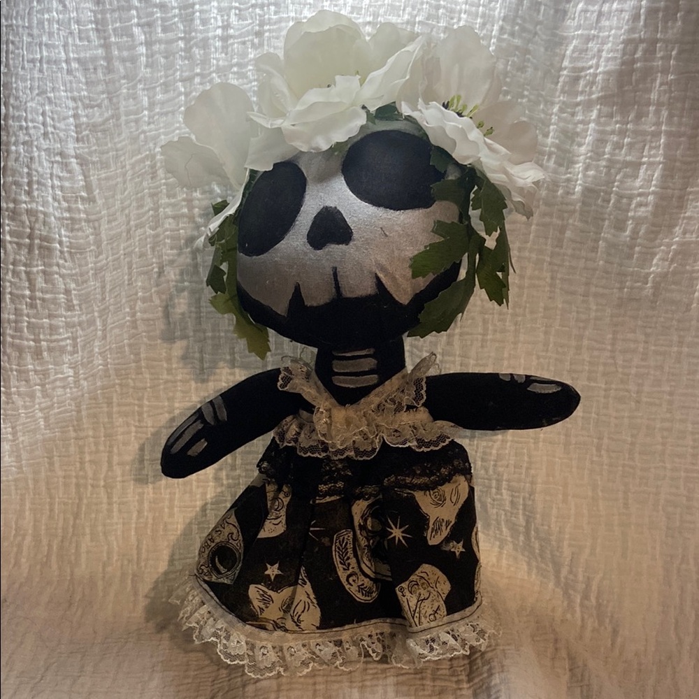 Hand-Made Black and White Skeleton Doll with Floral Headpiece